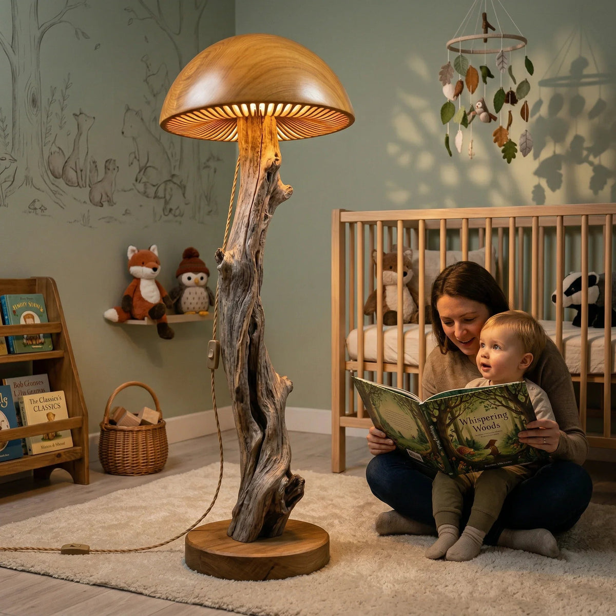 Pilz-Stehlampe mit gebleichtem Treibholzstiel und Holzfuß neben einer Mutter, die ihrem Kind in einem gemütlichen Babyzimmer vorliest.
