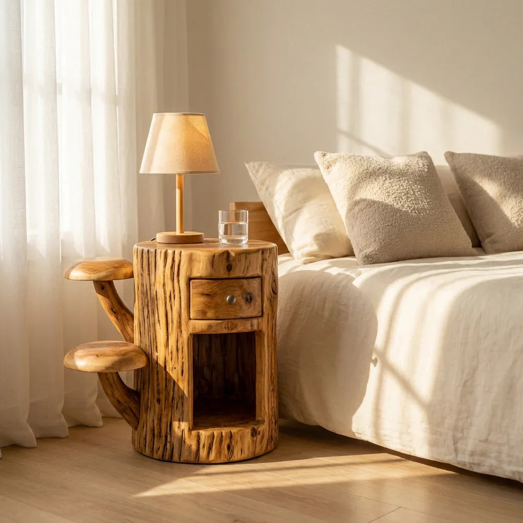 Pilz-Nachttisch mit Schublade und offenem Fach – Beistelltisch fürs Bett aus Massivholz – Ashdeco 2026