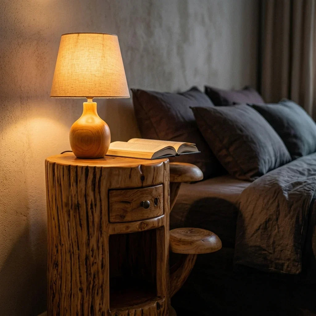 Pilz-Nachttisch mit Schublade und offenem Fach – Beistelltisch fürs Bett aus Massivholz – Ashdeco 2026