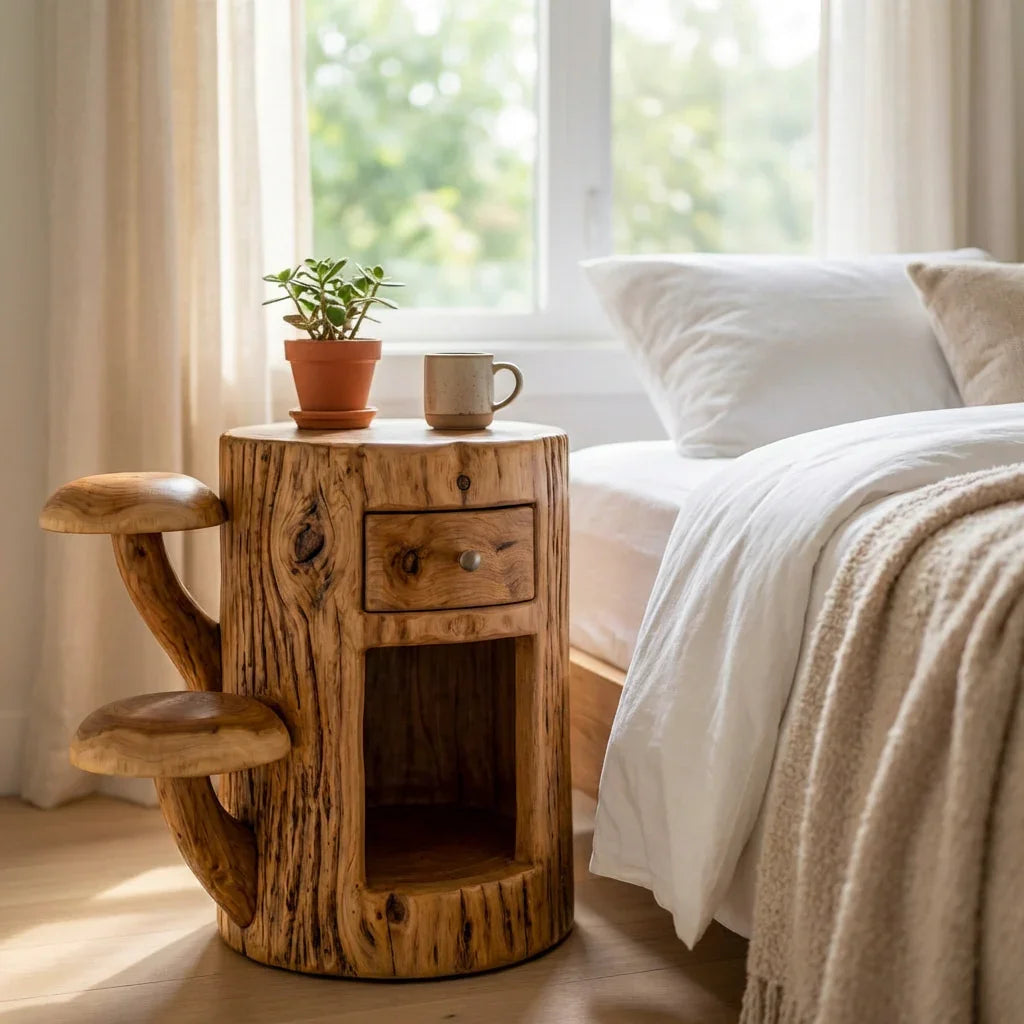 Pilz-Nachttisch mit Schublade und offenem Fach – Beistelltisch fürs Bett aus Massivholz – Ashdeco 2026