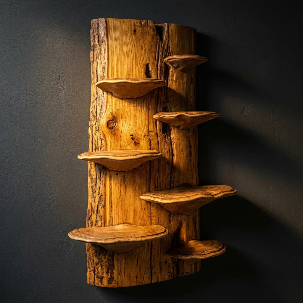 Pilzplatten-Wandbücherregal mit Baumpilz-Ablagen, handgefertigtes Baumkanten-Bücherregal aus Massivholz zur Wandmontage für Wohnzimmer, Büro, Bibliothek – Ashdeco 2026