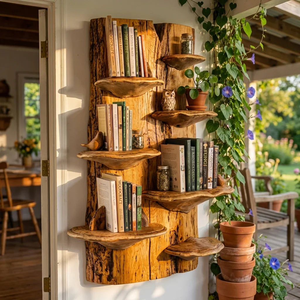 Pilzplatten-Wandbücherregal mit Baumpilz-Ablagen, handgefertigtes Baumkanten-Bücherregal aus Massivholz zur Wandmontage für Wohnzimmer, Büro, Bibliothek – Ashdeco 2026