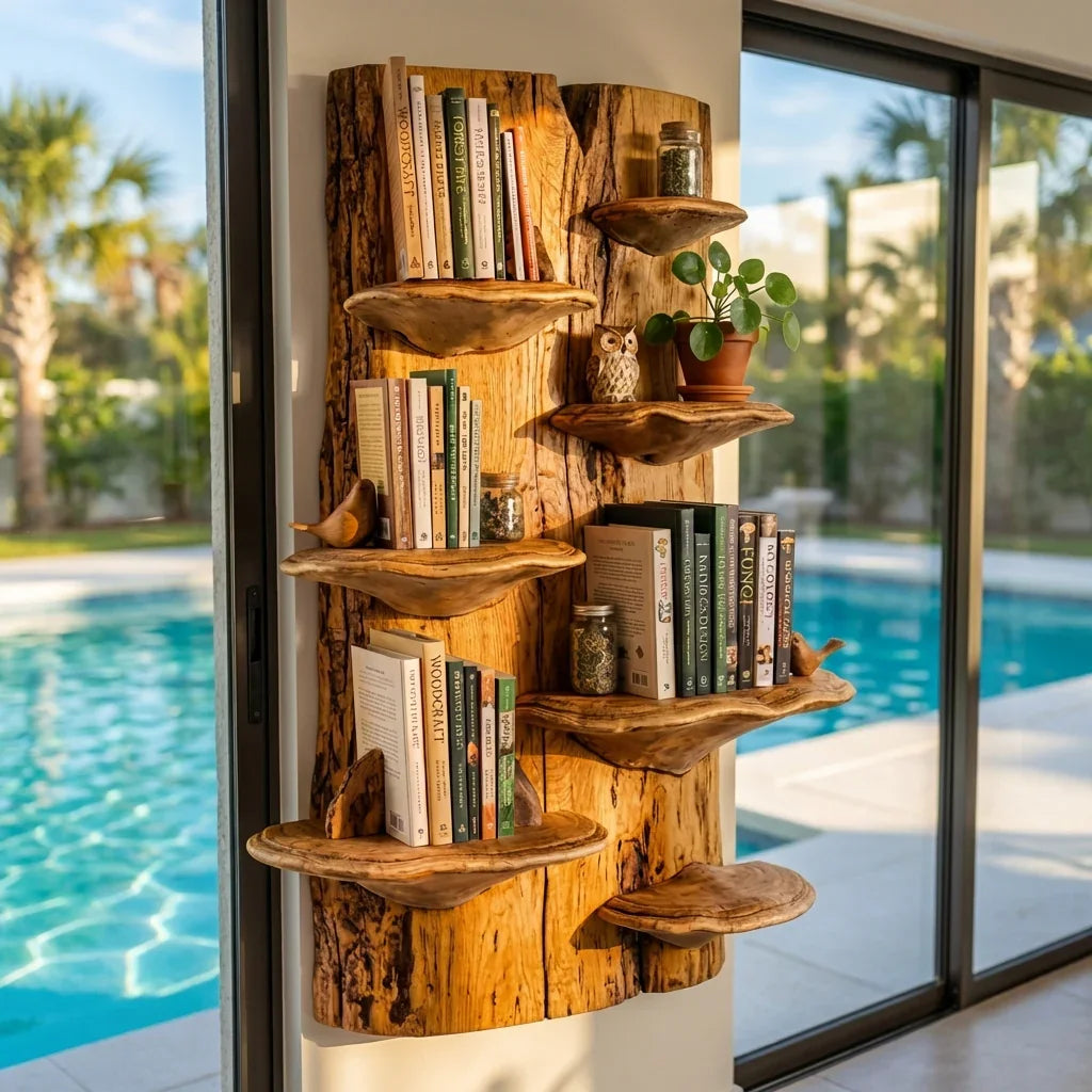 Pilzplatten-Wandbücherregal mit Baumpilz-Ablagen, handgefertigtes Baumkanten-Bücherregal aus Massivholz zur Wandmontage für Wohnzimmer, Büro, Bibliothek – Ashdeco 2026