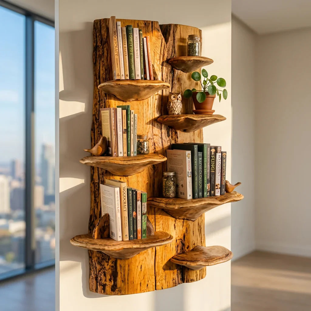 Pilzplatten-Wandbücherregal mit Baumpilz-Ablagen, handgefertigtes Baumkanten-Bücherregal aus Massivholz zur Wandmontage für Wohnzimmer, Büro, Bibliothek – Ashdeco 2026