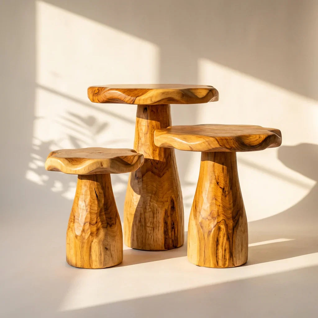 Pilzhocker-Beistelltisch, handgefertigter skulpturaler Akzenttisch aus Massivholz mit Baumkanten-Platte für Wohnzimmer, Schlafzimmer, Babyzimmer, Pflanzenständer – Ashdeco 2026