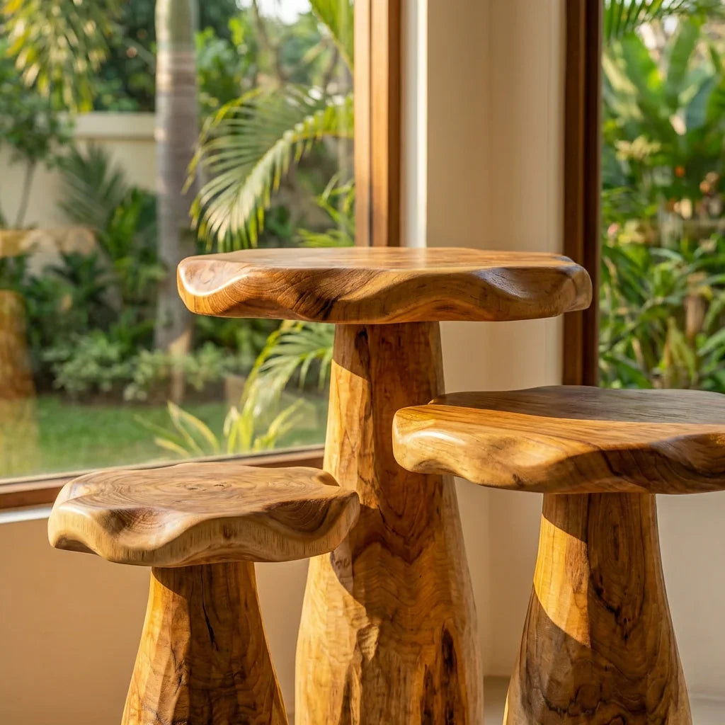 Pilzhocker-Beistelltisch, handgefertigter skulpturaler Akzenttisch aus Massivholz mit Baumkanten-Platte für Wohnzimmer, Schlafzimmer, Babyzimmer, Pflanzenständer – Ashdeco 2026