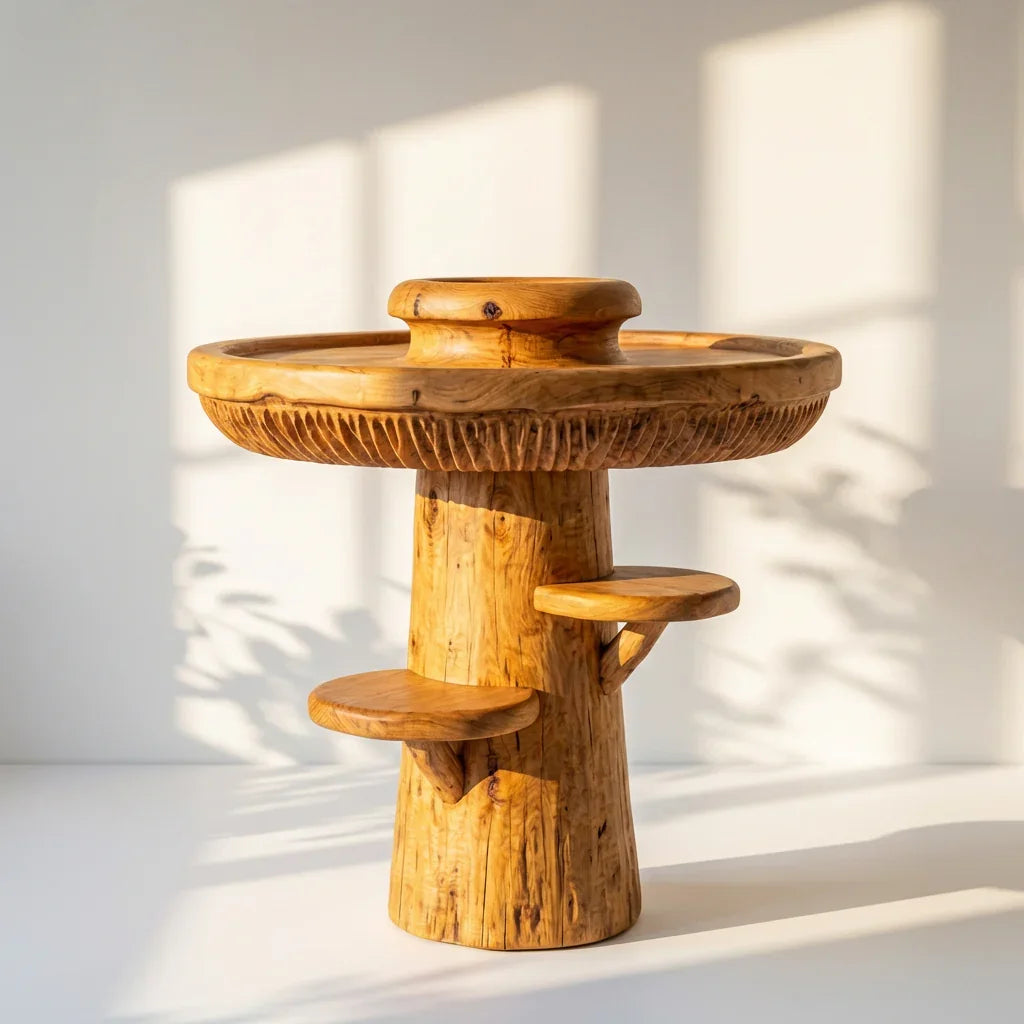 Pilz-Tabletttisch mit erhöhtem Rand, Lamellenband und 2 seitlichen Hutablagen, handgefertigter runder Akzenttisch aus Massivholz für Wohnzimmer, Schlafzimmer, Eingangsbereich – Ashdeco 2026