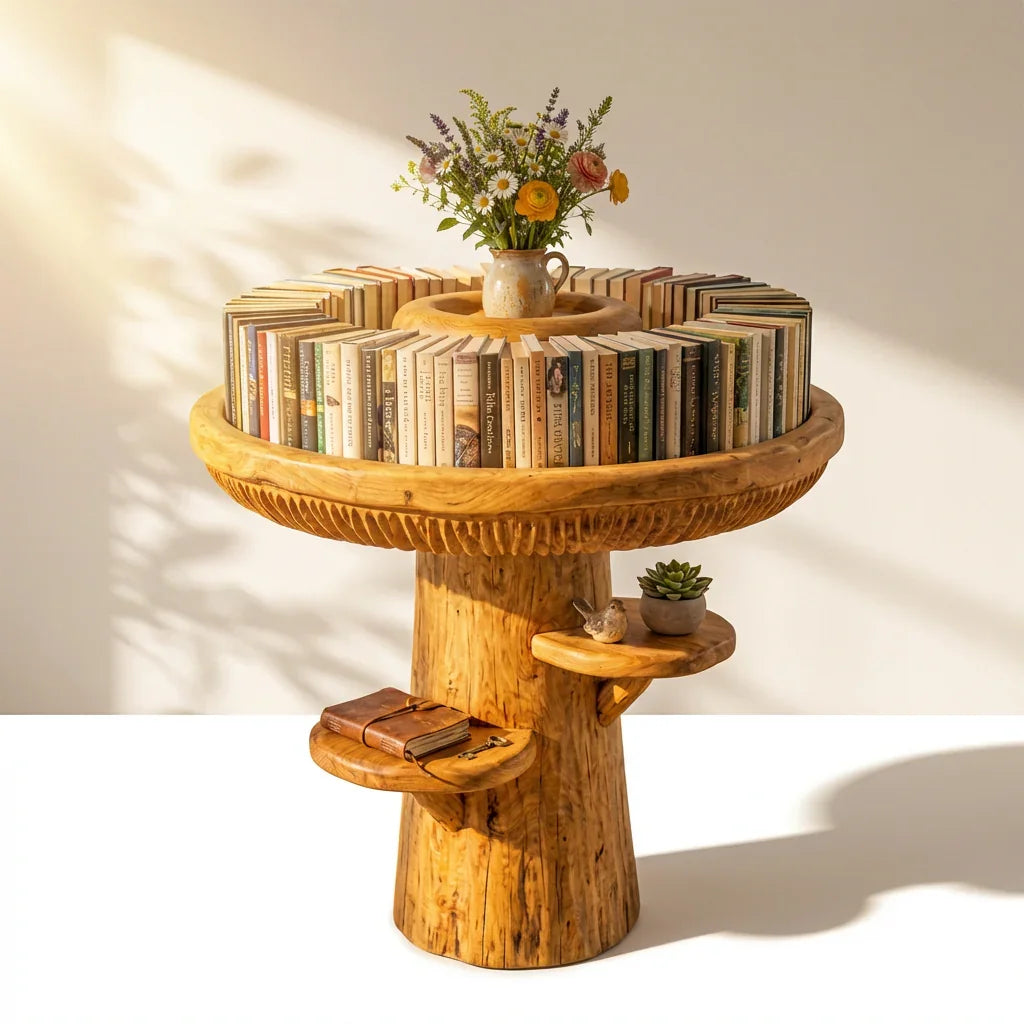Pilz-Tabletttisch mit erhöhtem Rand, Lamellenband und 2 seitlichen Hutablagen, handgefertigter runder Akzenttisch aus Massivholz für Wohnzimmer, Schlafzimmer, Eingangsbereich – Ashdeco 2026