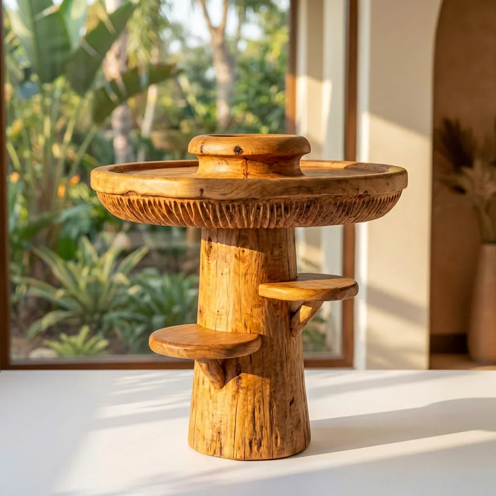 Pilz-Tabletttisch mit erhöhtem Rand, Lamellenband und 2 seitlichen Hutablagen, handgefertigter runder Akzenttisch aus Massivholz für Wohnzimmer, Schlafzimmer, Eingangsbereich – Ashdeco 2026
