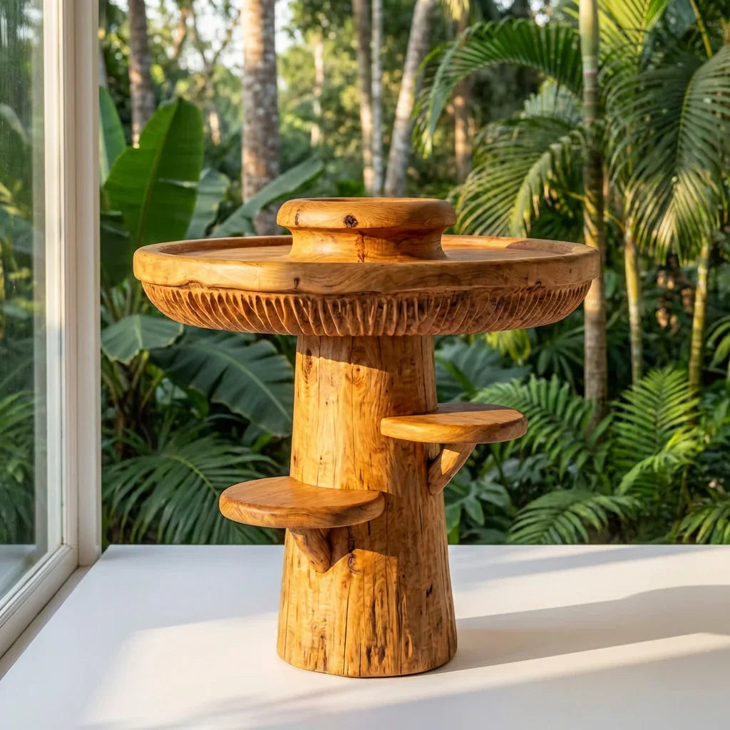 Pilz-Tabletttisch mit erhöhtem Rand, Lamellenband und 2 seitlichen Hutablagen, handgefertigter runder Akzenttisch aus Massivholz für Wohnzimmer, Schlafzimmer, Eingangsbereich – Ashdeco 2026