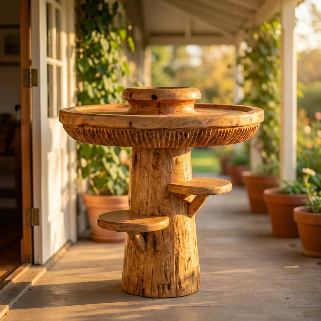 Pilz-Tabletttisch mit erhöhtem Rand, Lamellenband und 2 seitlichen Hutablagen, handgefertigter runder Akzenttisch aus Massivholz für Wohnzimmer, Schlafzimmer, Eingangsbereich – Ashdeco 2026