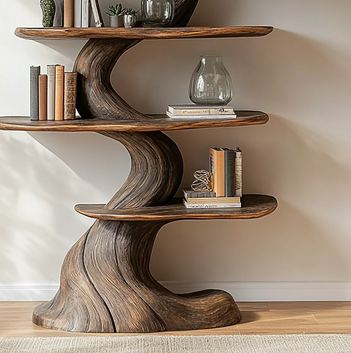 Großes Pilz-Bücherregal aus Holz für Bücher und Dekopräsentation