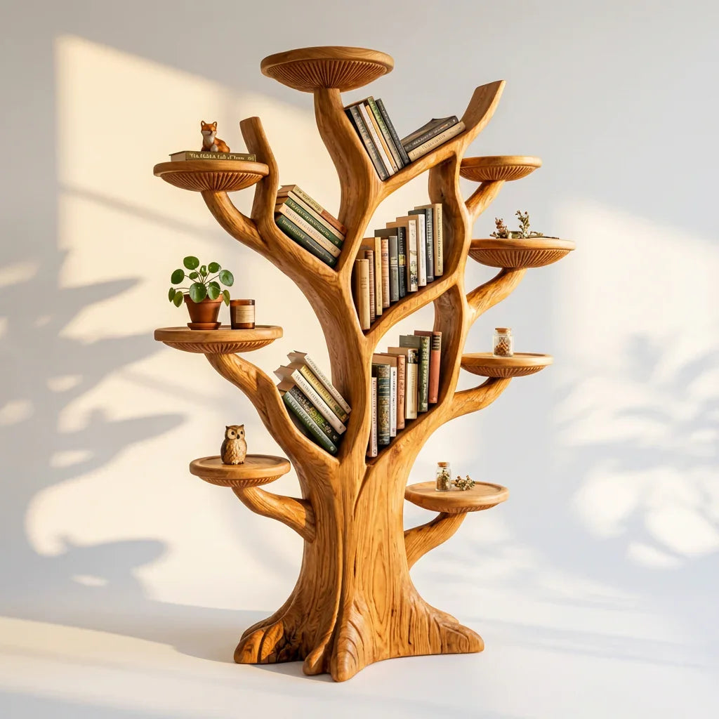Freistehendes Pilz-Baum-Bücherregal mit Astablagen und Pilzhut-Plattformen, handgefertigtes Standregal aus Massivholz für Wohnzimmer, Büro, Bibliothek, Babyzimmer – Ashdeco 2026