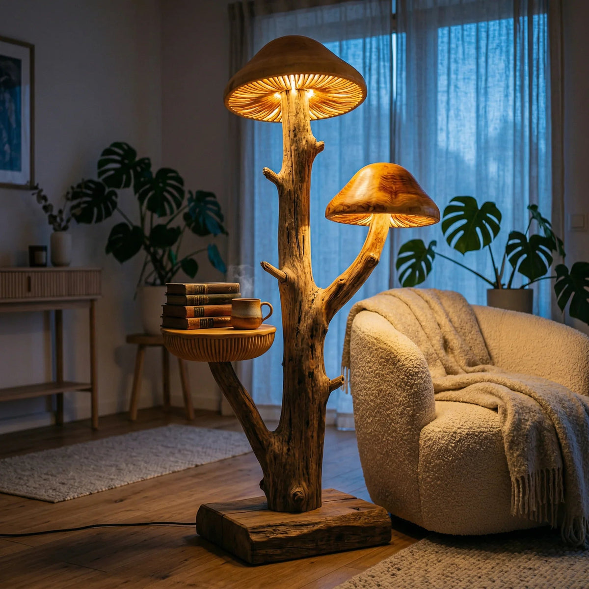 Pilzbaum-Stehlampe mit geschnitztem Holzstamm, zwei leuchtenden Hüten und integriertem Beistelltisch in einem gemütlichen Wohnzimmer
