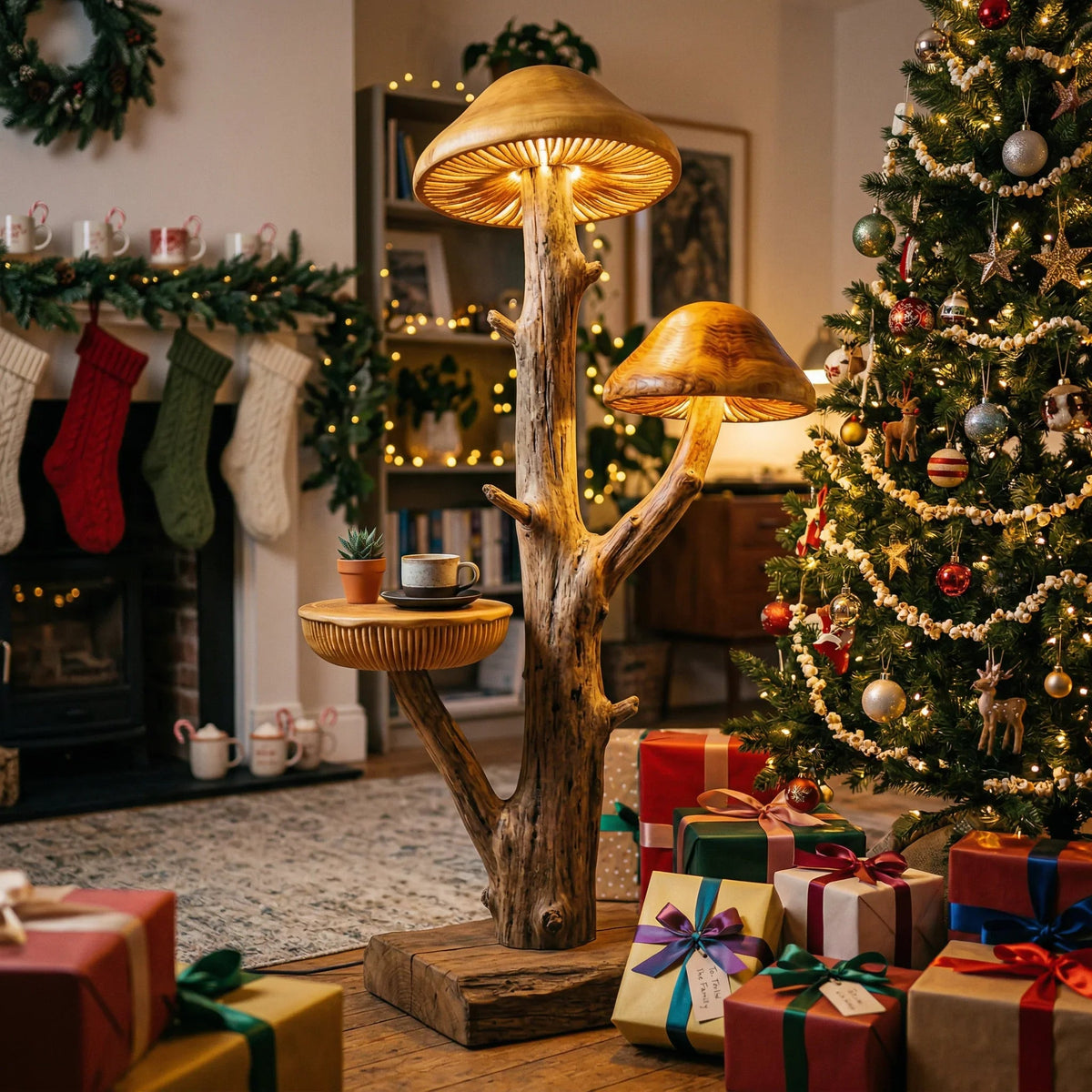 Pilzbaum-Stehlampe mit Treibholzstamm und doppelten Lamellenlampen, integriertem Seitenregal, neben einem Weihnachtsbaum und Geschenken in einem festlichen Wohnzimmer.