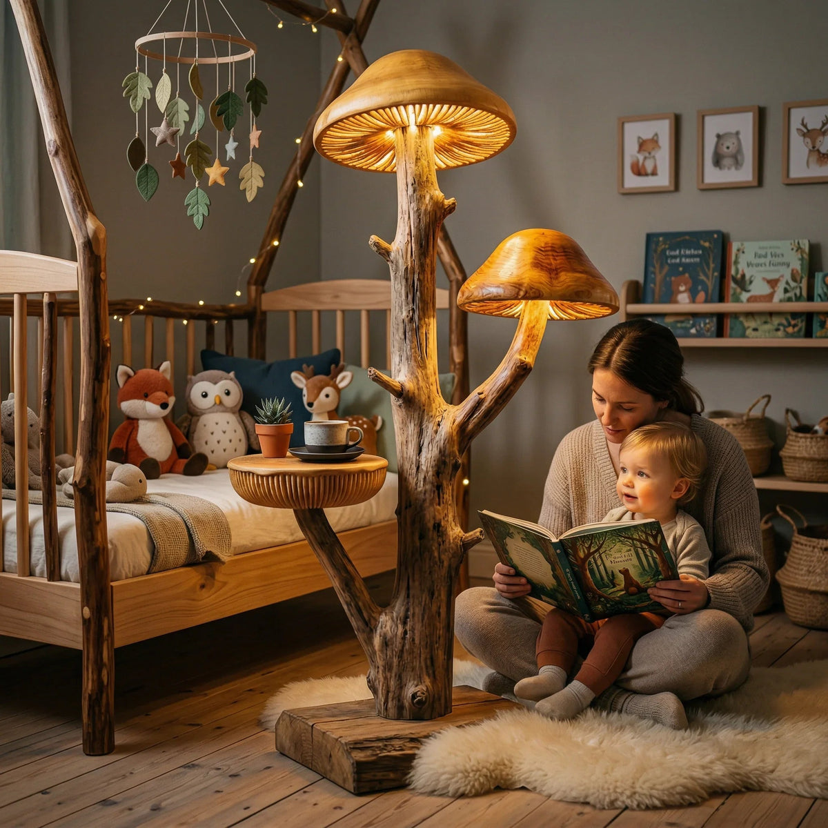 Pilzbaum-Stehlampe mit Beistelltisch-Regal in einem gemütlichen Babyzimmer, handgeschnitzter Treibholzstamm, leuchtende Hüte, Frau und Kind lesen gemeinsam.