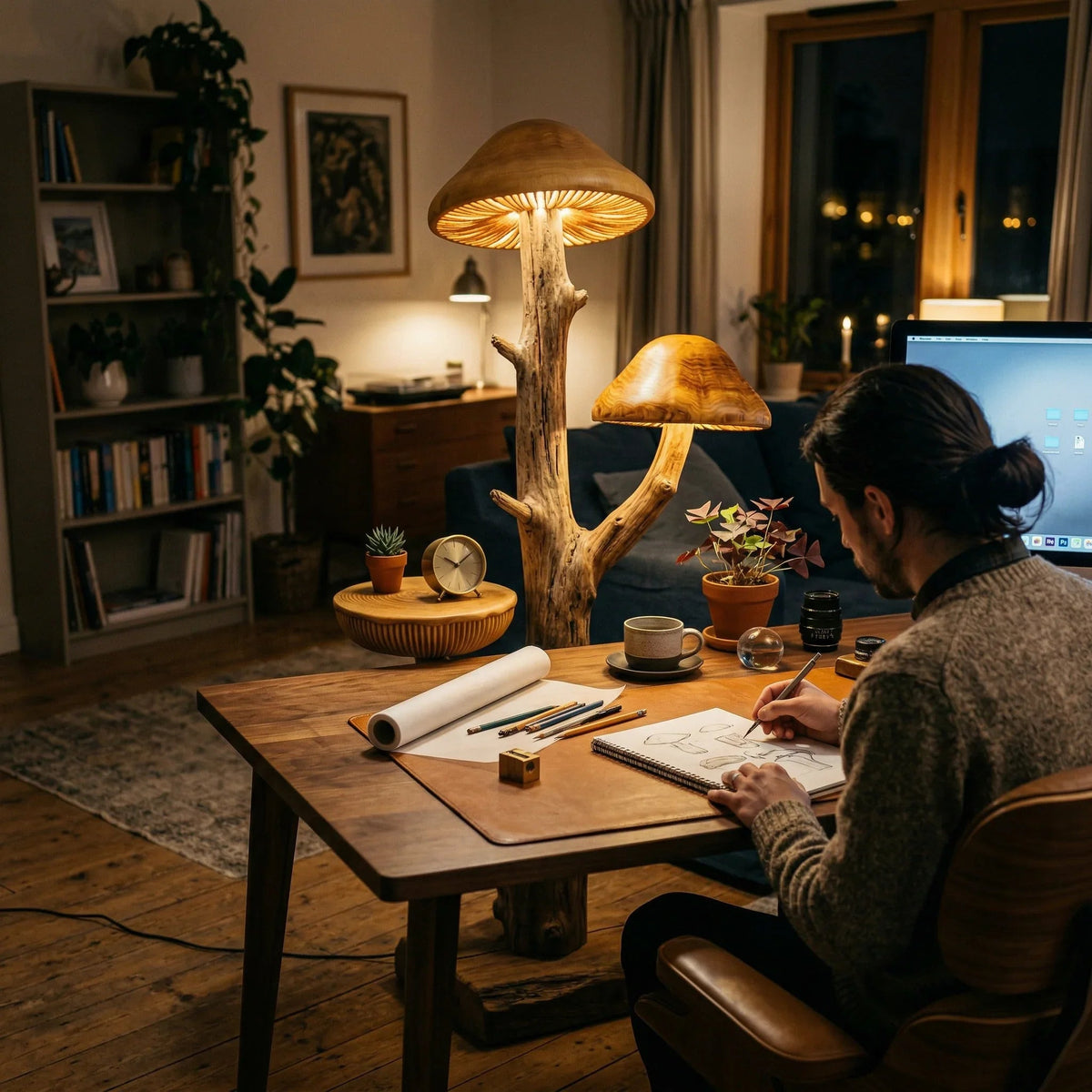 Pilzbaum-Stehlampe mit Holz-Beistelltisch-Regal in einem gemütlichen Homeoffice