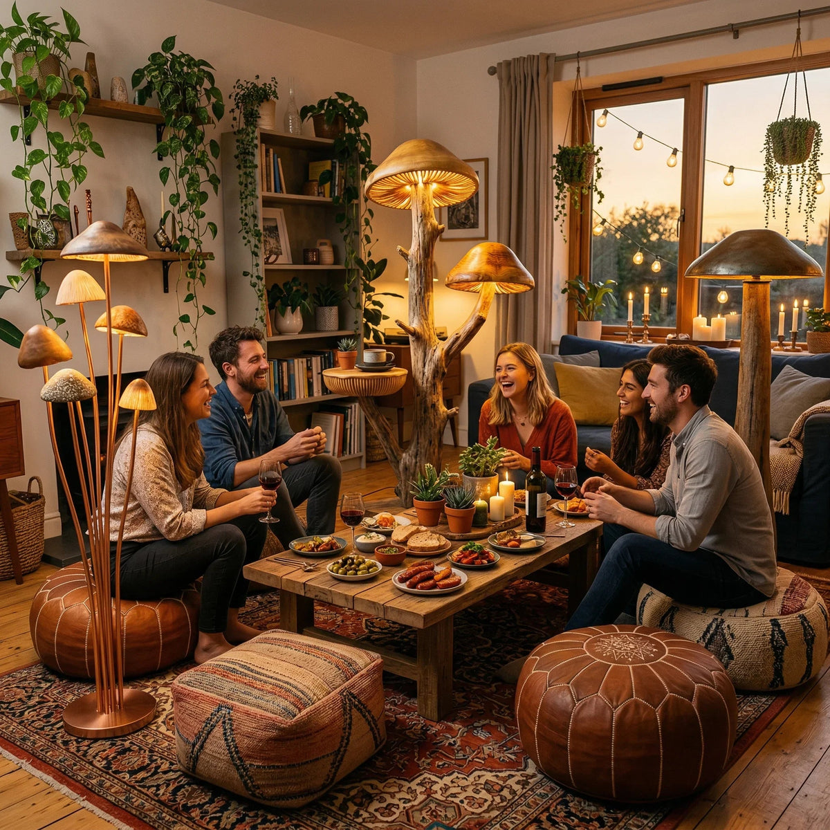 Von Pilzen inspirierte Baum-Stehlampe mit Beistelltisch und geschnitzten leuchtenden Hüten in einem gemütlichen Wohnzimmer.