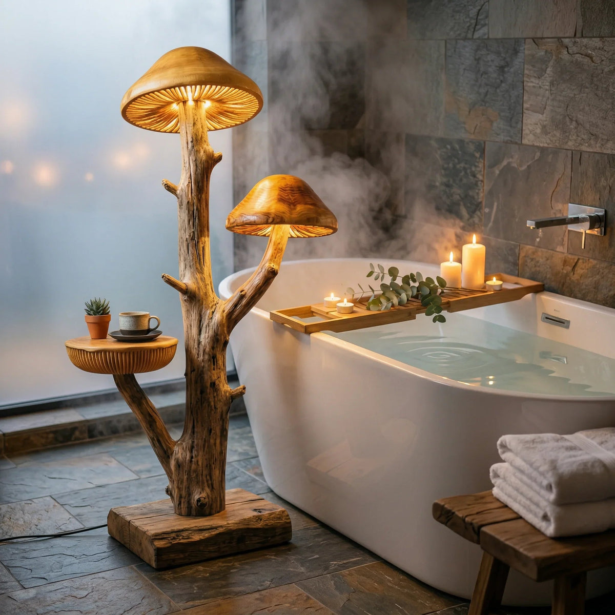 Pilzbaum-Stehlampe mit Holz-Beistelltisch neben einer modernen Badewanne, warme Kerzenlicht-Atmosphäre
