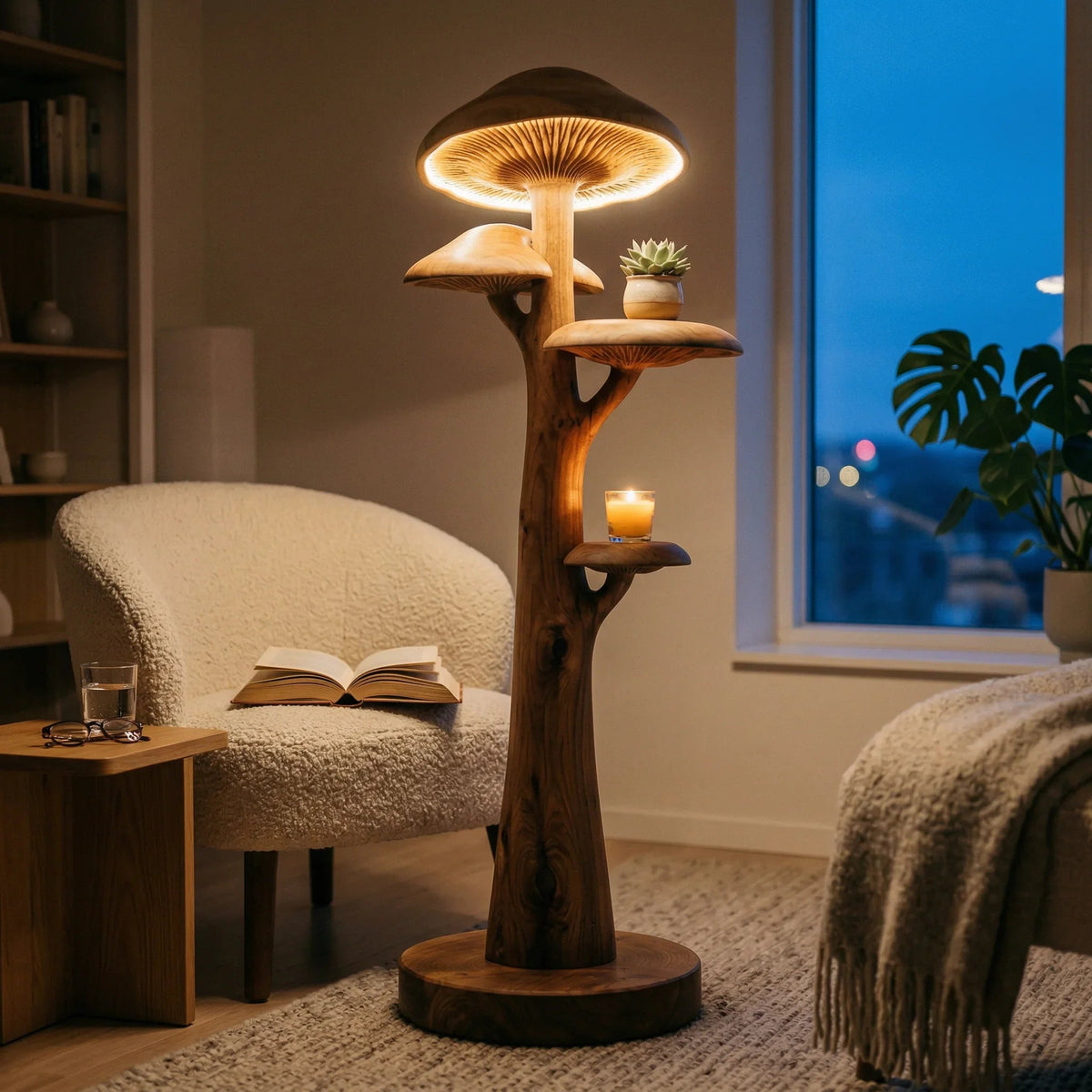 Pilzbaum-Stehlampe mit leuchtendem Hut und integrierten Massivholzregalen in einem gemütlichen Wohnzimmer