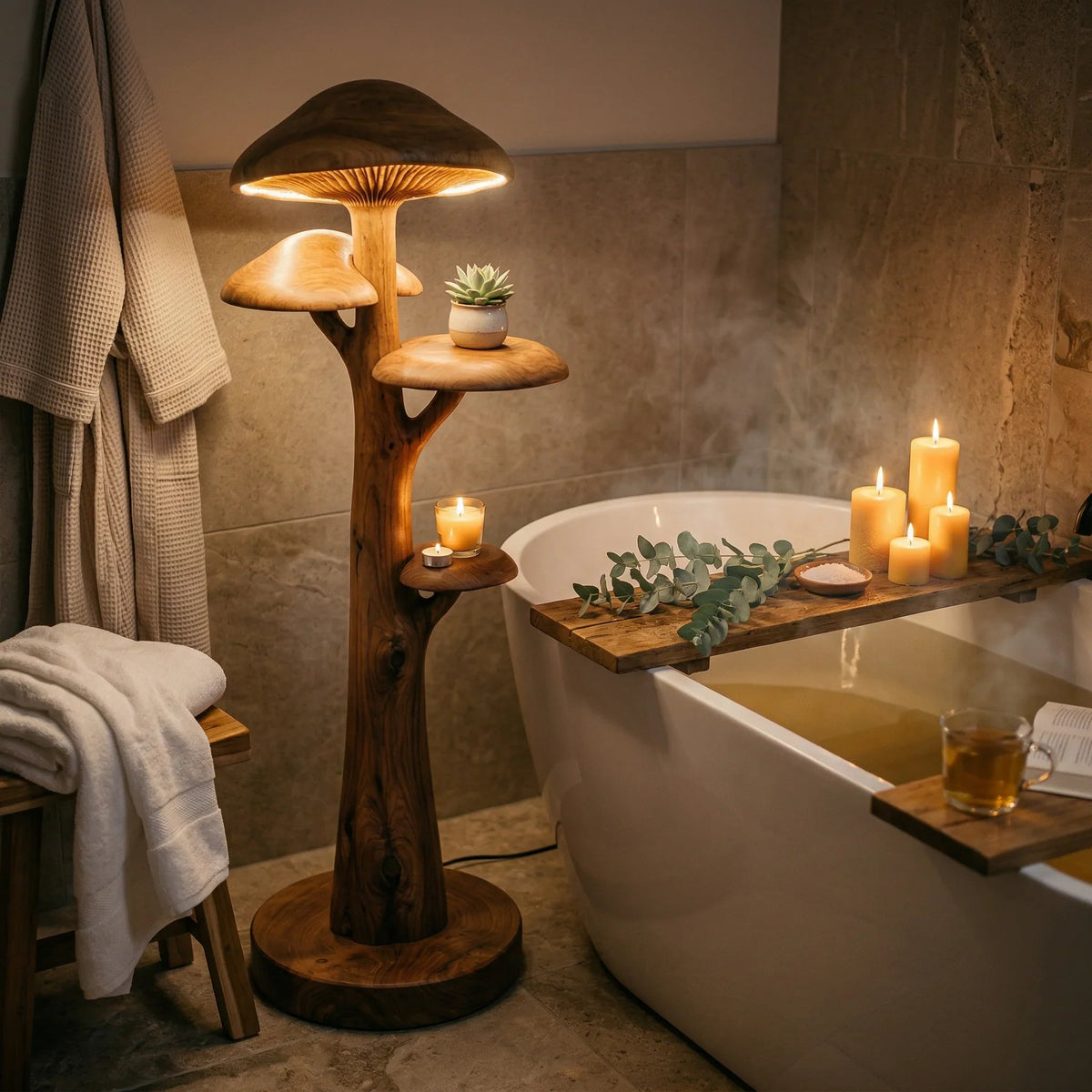 Pilzförmige Holz-Stehlampe mit leuchtendem Hut und integrierten Regalen neben einer Badewanne