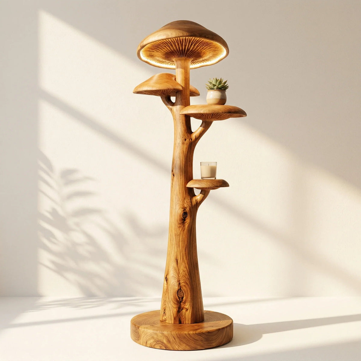 Von Pilzen inspirierte Stehlampe aus Massivholz mit zwei integrierten Hut-Regalen und leuchtendem Lamellen-Oberteil.