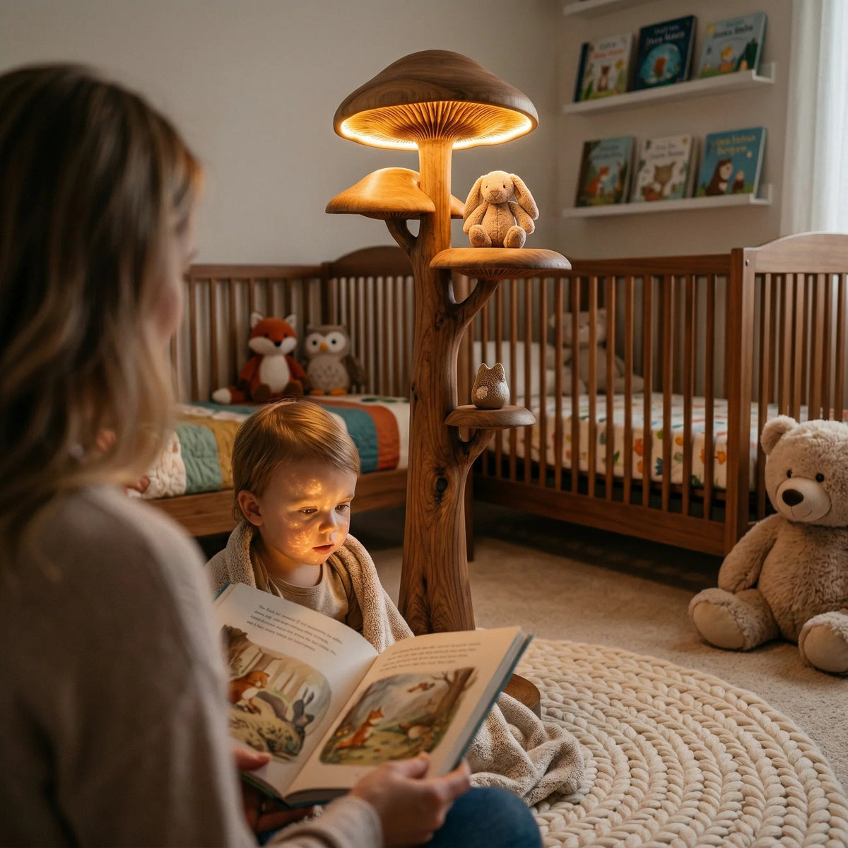 Pilzbaum-Stehlampe mit leuchtendem Hut und Holzregalen in einem gemütlichen Babyzimmer
