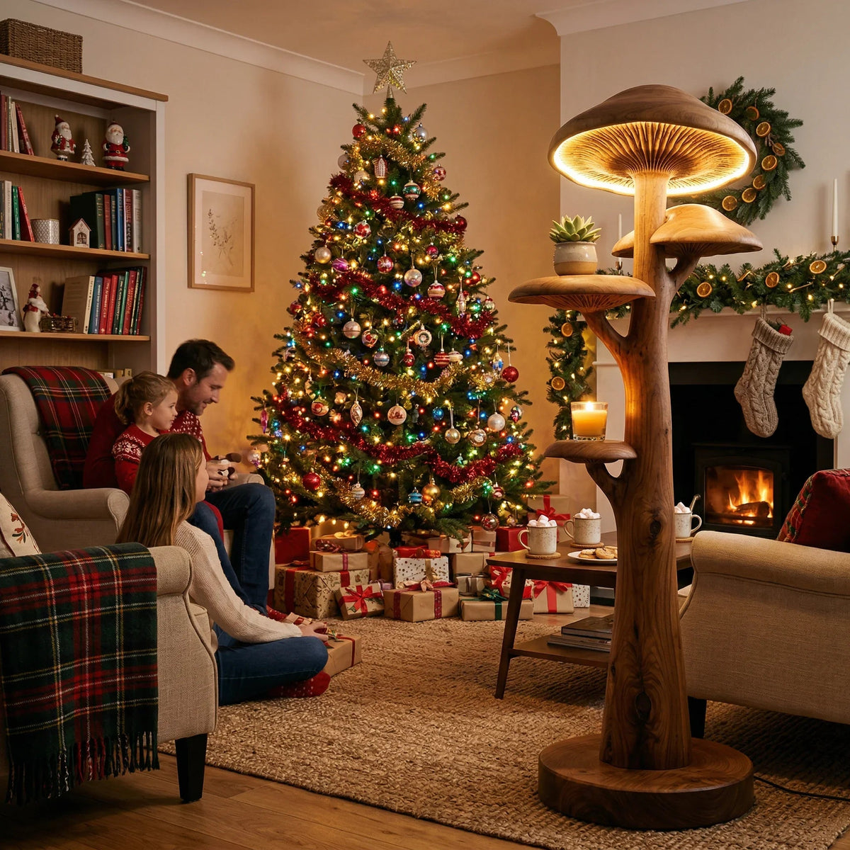 Pilzbaum-Stehlampe mit leuchtendem Hut und integrierten Regalen, Massivholzfuß, in einem gemütlichen weihnachtlichen Wohnzimmer mit Weihnachtsbaum.