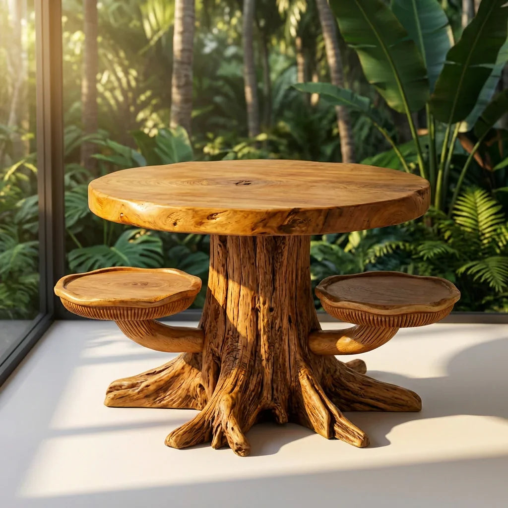 Pilz-Baumstumpf-Couchtisch mit 2 Hutablagen, Wurzelfuß und Lamellen-Schnitzerei, handgefertigter zweifarbiger runder Massivholztisch fürs Wohnzimmer – Ashdeco 2026