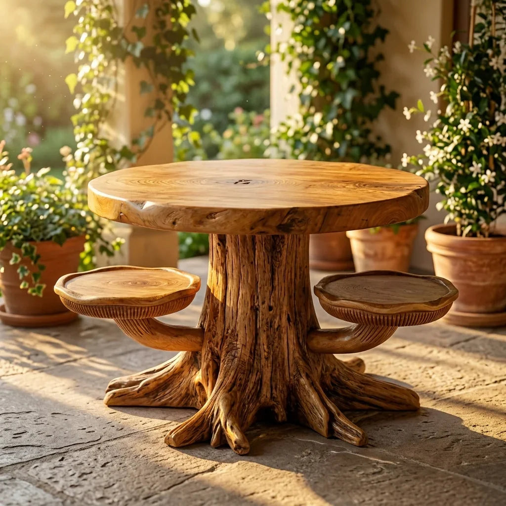 Pilz-Baumstumpf-Couchtisch mit 2 Hutablagen, Wurzelfuß und Lamellen-Schnitzerei, handgefertigter zweifarbiger runder Massivholztisch fürs Wohnzimmer – Ashdeco 2026