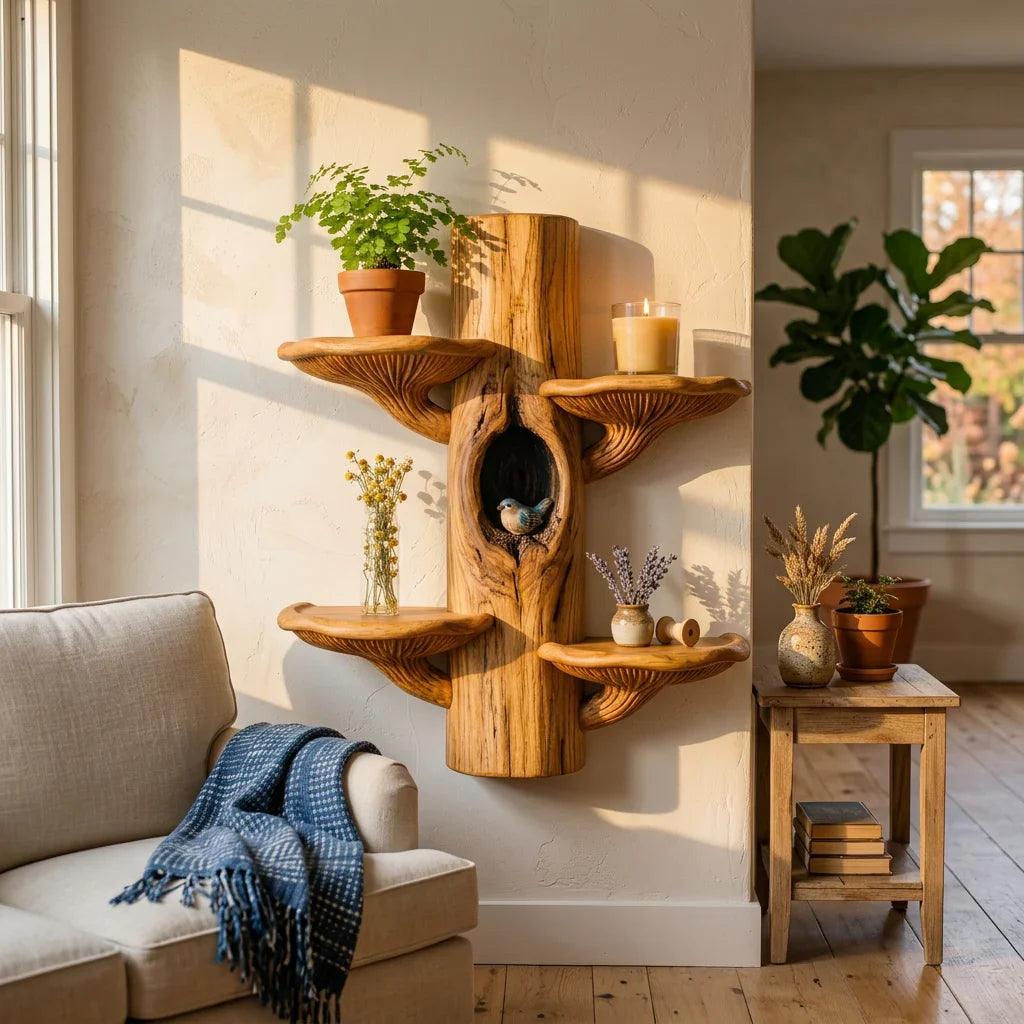 Pilz-Baumregal zur Wandmontage mit paarigen Fächerablagen – Handgefertigtes symmetrisches Schauregal aus Massivholz für Wohnzimmer, Schlafzimmer, Eingangsbereich – Ashdeco 2026