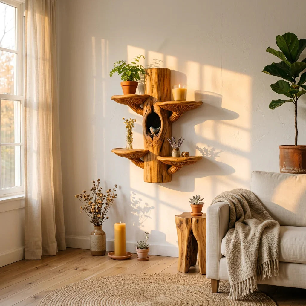 Pilz-Baumregal zur Wandmontage mit paarigen Fächerablagen – Handgefertigtes symmetrisches Schauregal aus Massivholz für Wohnzimmer, Schlafzimmer, Eingangsbereich – Ashdeco 2026