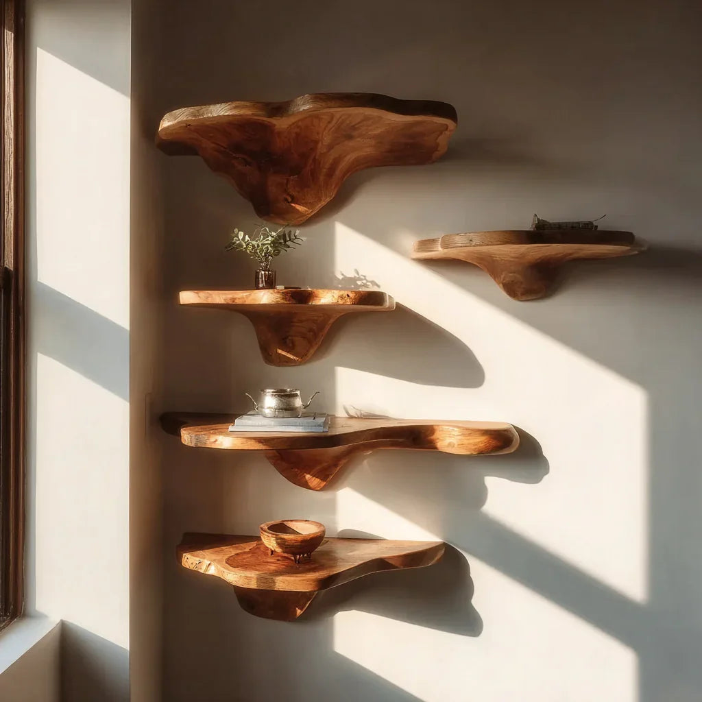 Schwebende Baumkanten-Holzregale an der Wand mit minimalistischem Wohndekor im Sonnenlicht