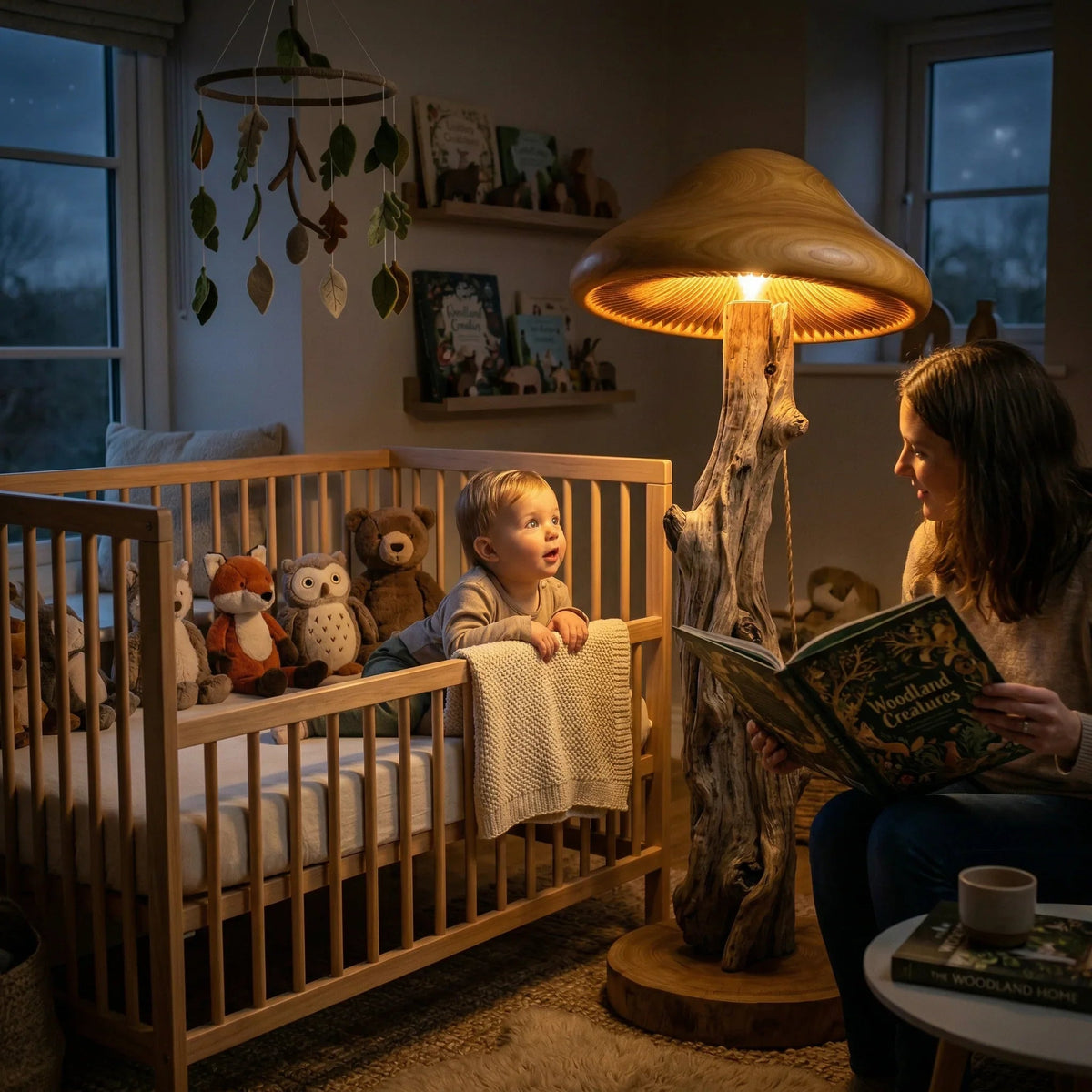 Pilz-Stehlampe mit Baumstamm-Stiel, die ein gemütliches Babyzimmer mit Baby und Elternteil erhellt