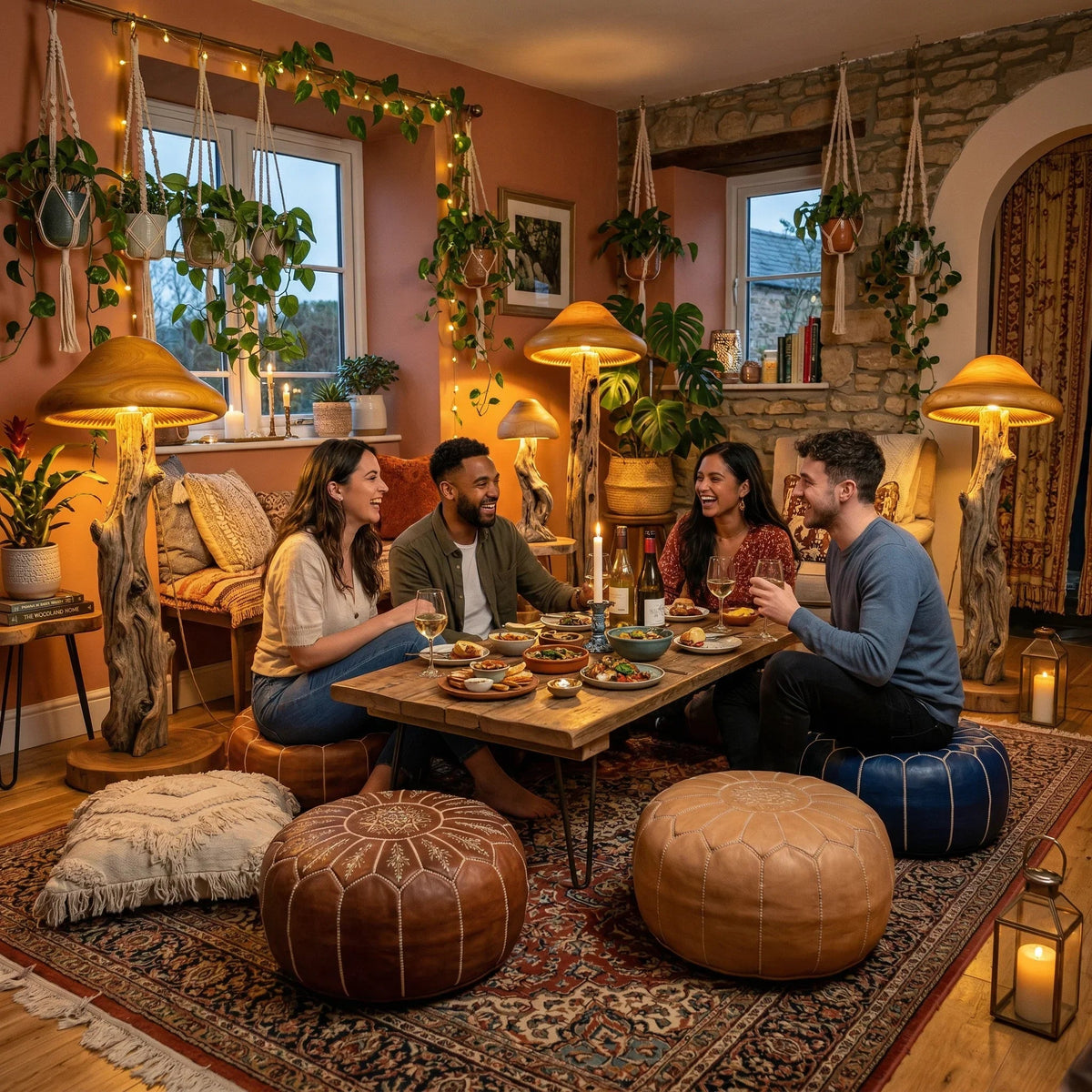 Gemütliches Wohnzimmer mit speisenden Freunden, rustikale Pilz-Stehlampen mit Baumstammfüßen, Ambientebeleuchtung und Boho-Dekor.