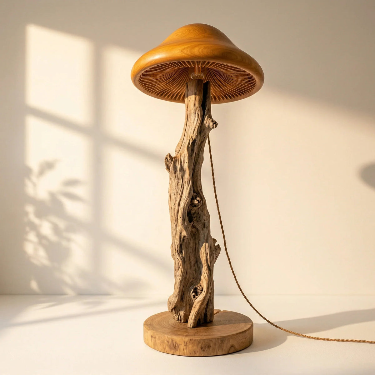 Pilz-Stehlampe mit natürlichem Rindenstamm und geschnitztem Holzhut im Sonnenlicht