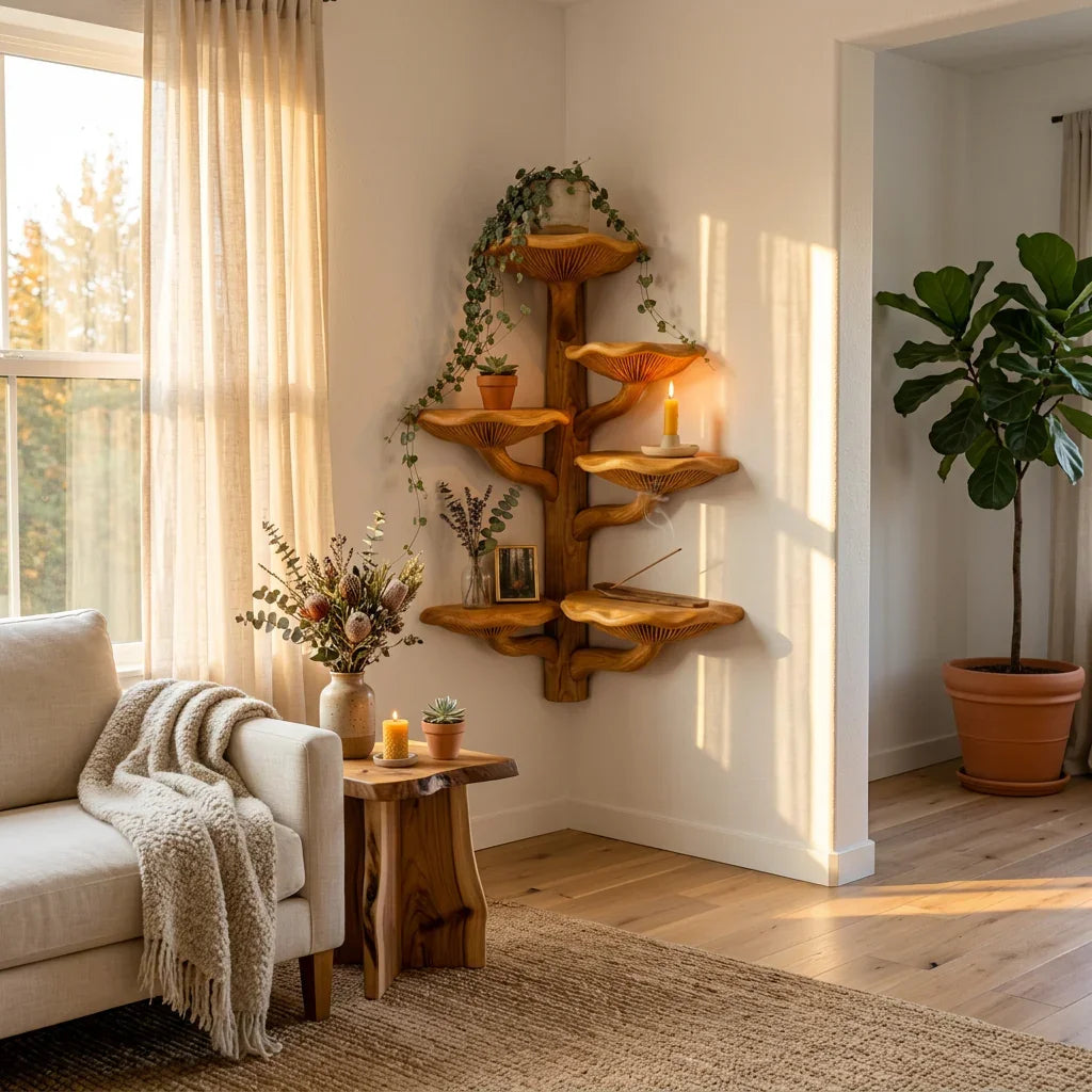 Pilz-Baum-Eckregal vom Boden bis zur Decke, handgefertigtes vertikales Bücherregal aus Massivholz mit spiralförmigen Pilzhut-Ablagen für Wohnzimmer, Schlafzimmer, Leseecke – Ashdeco 2026