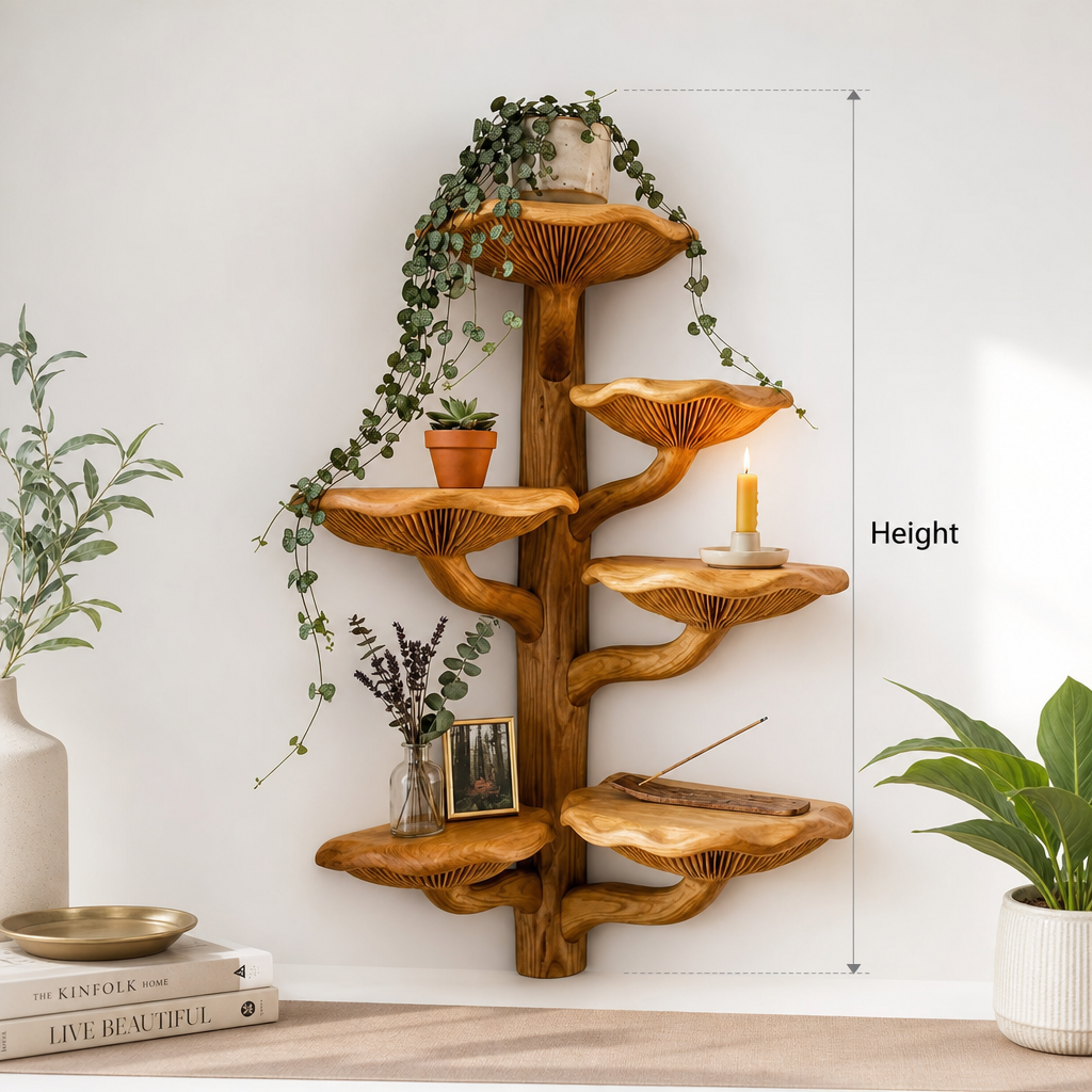 Aus Holz skulptierte Pilzregale mit einer herabhängenden Rankpflanze und Trockenblumen