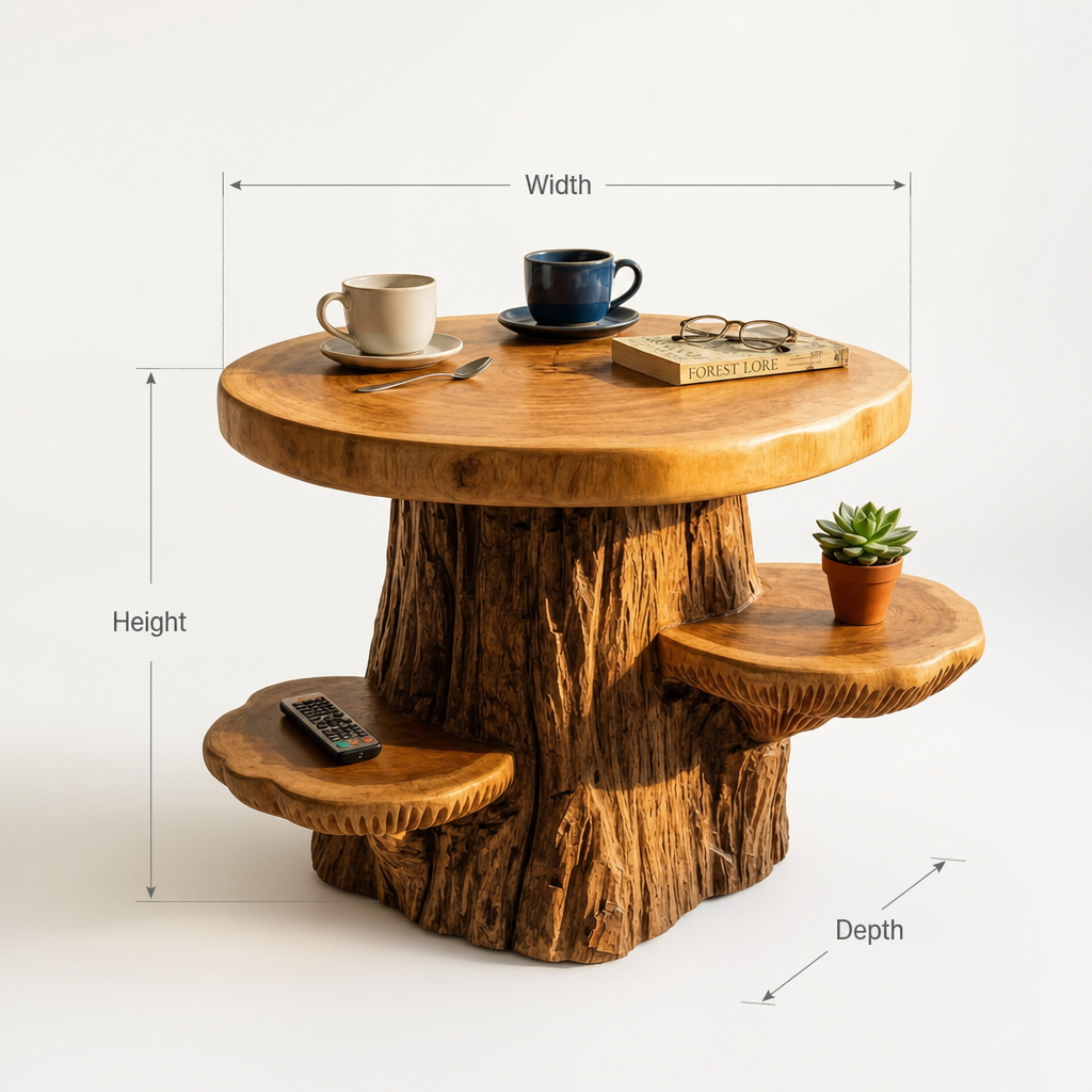 Pilz-Baum-Beistelltisch mit runder Platte und 2 Hutablagen, handgefertigter zweifarbiger Massivholztisch für Wohnzimmer, Schlafzimmer, Sofaseite