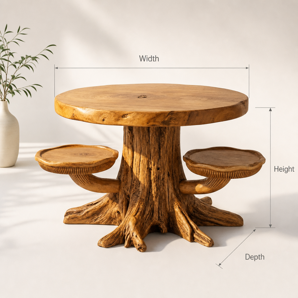 Pilz-Baumstumpf-Couchtisch mit 2 Hutablagen, Wurzelfuß und Lamellen-Schnitzerei, handgefertigter zweifarbiger runder Massivholztisch fürs Wohnzimmer