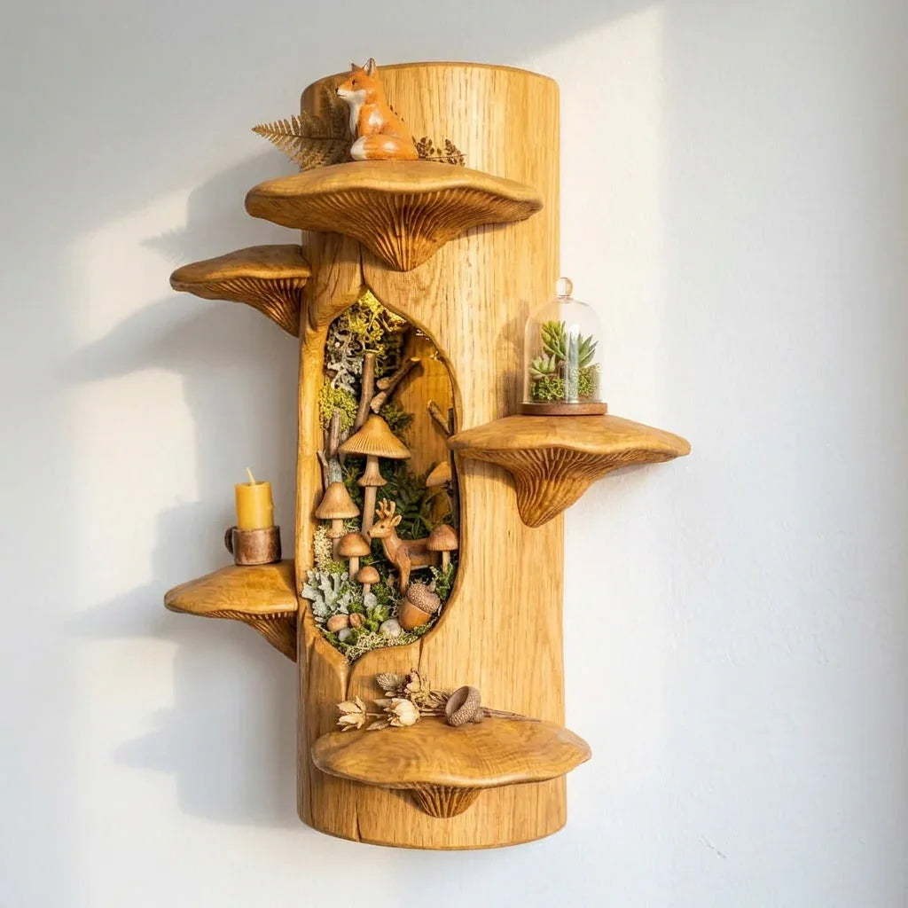 Pilz-Baumstamm-Wandregal mit Waldnische – Handgefertigtes Schauregal aus Massivholz – Ashdeco 2026