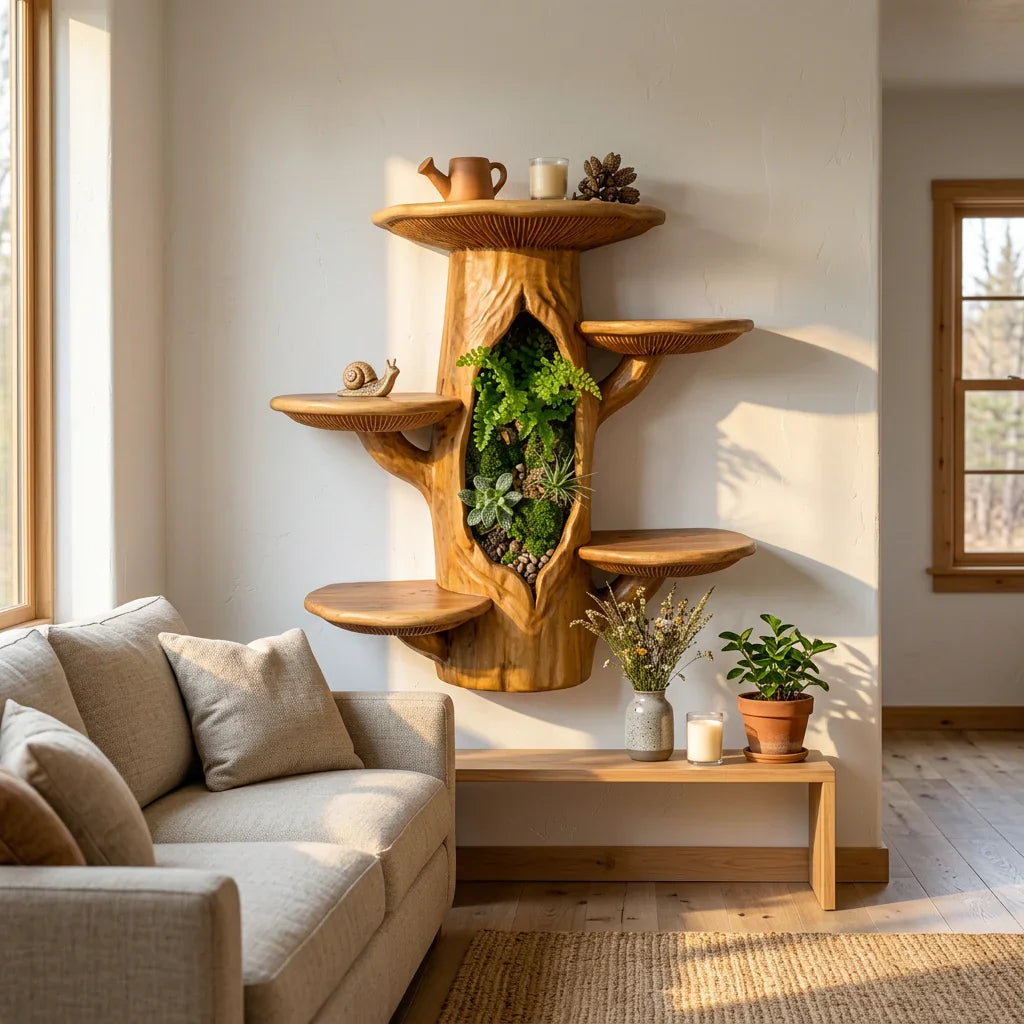 Pilz-Baumstamm-Wandregal mit Terrarium-Nische – Handgefertigtes Schauregal aus Massivholz – Ashdeco 2026