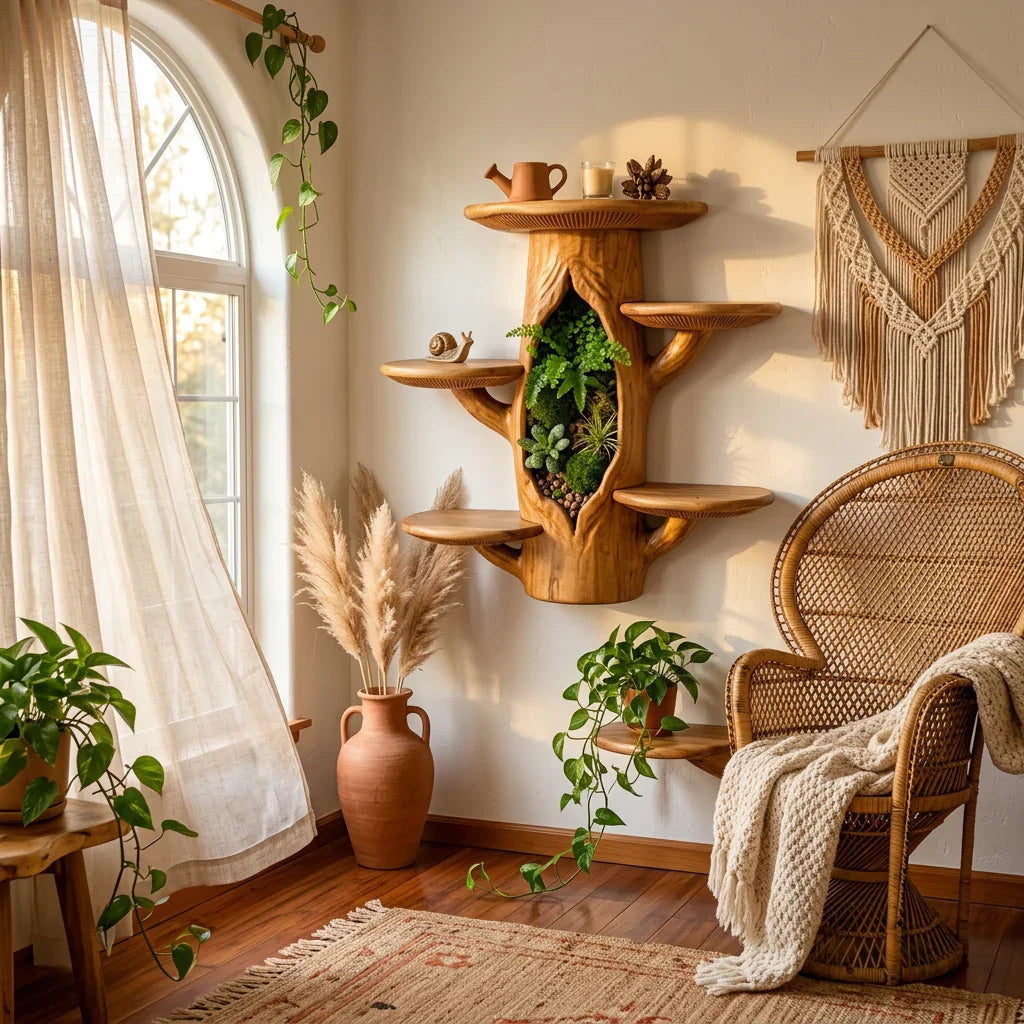 Pilz-Baumstamm-Wandregal mit Terrarium-Nische – Handgefertigtes Schauregal aus Massivholz – Ashdeco 2026