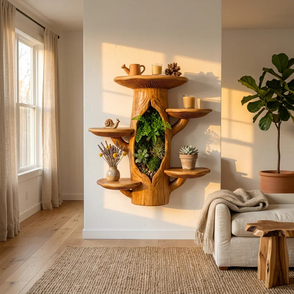 Pilz-Baumstamm-Wandregal mit Terrarium-Nische – Handgefertigtes Schauregal aus Massivholz – Ashdeco 2026