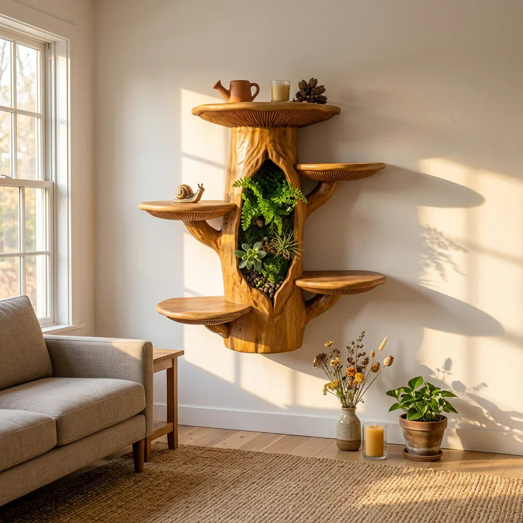 Pilz-Baumstamm-Wandregal mit Terrarium-Nische – Handgefertigtes Schauregal aus Massivholz – Ashdeco 2026