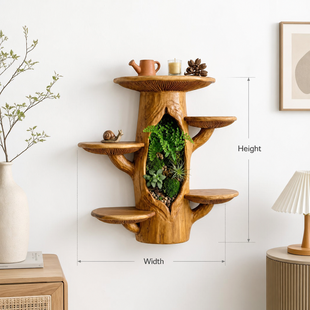 Pilz-Baumstamm-Wandregal mit Terrarium-Nische – Handgefertigtes Schauregal aus Massivholz