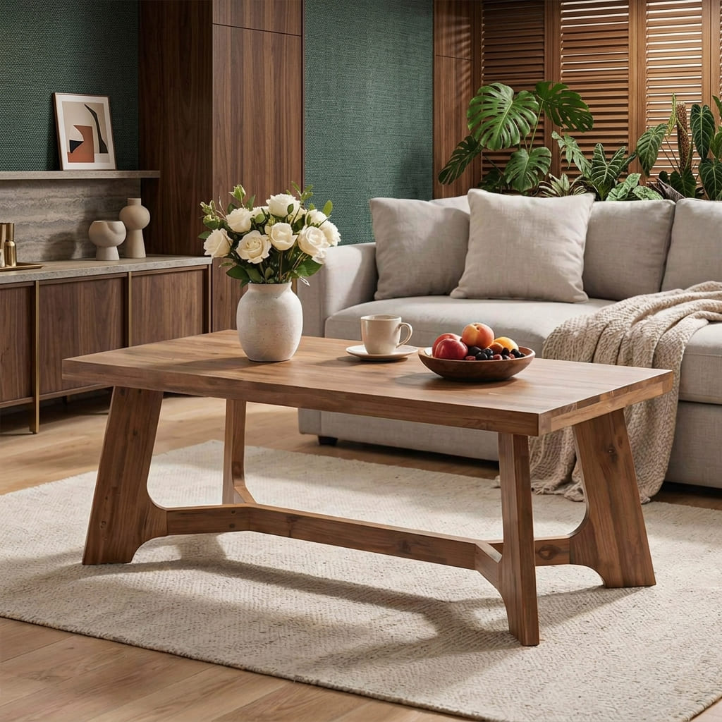Couchtisch aus Massivholz mit natürlicher Kante, gestylt in einem modernen künstlerischen Wohnzimmer