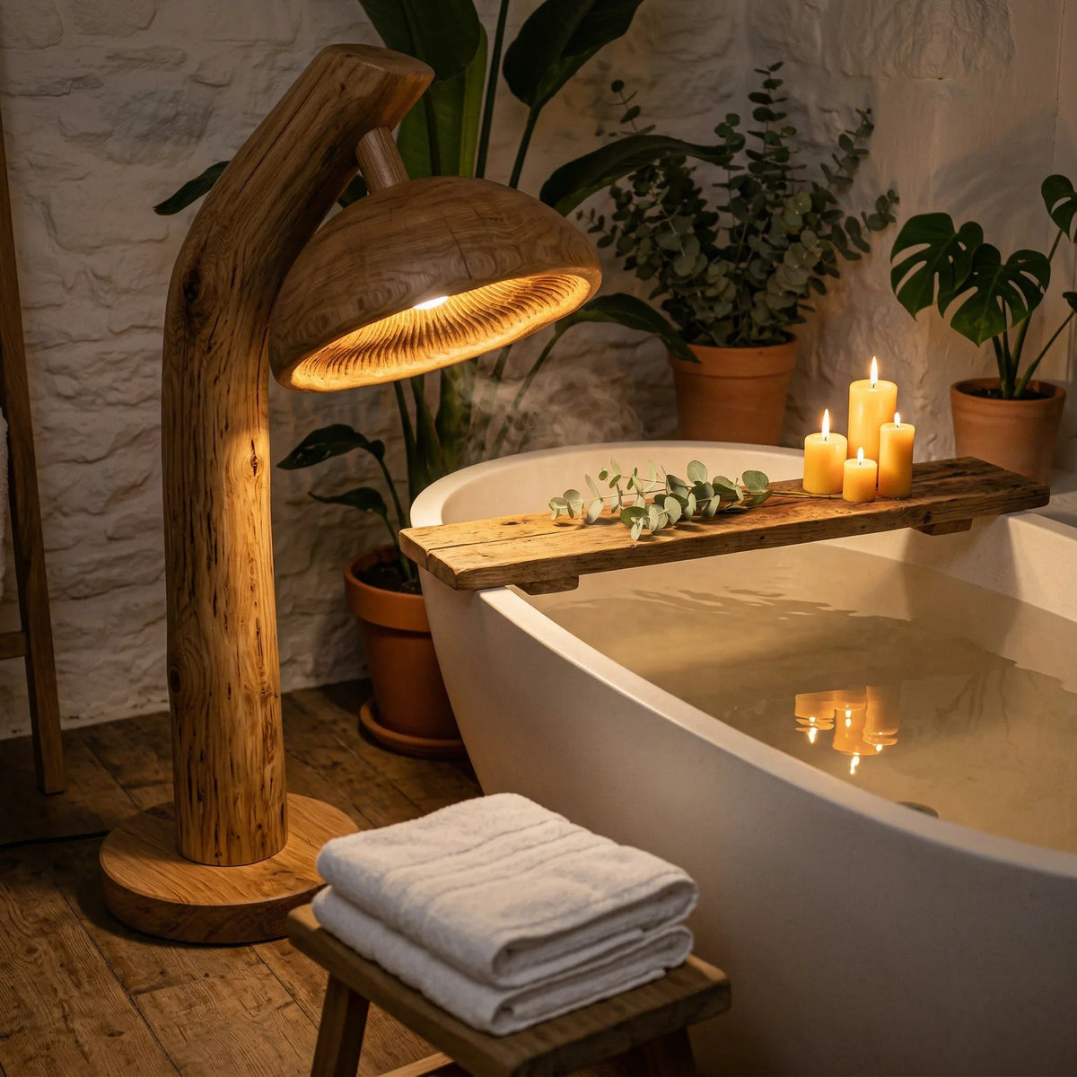 Pilz-Stehlampe aus Naturholz mit skulptiertem Stiel neben einer gemütlichen Badewanne und Kerzen