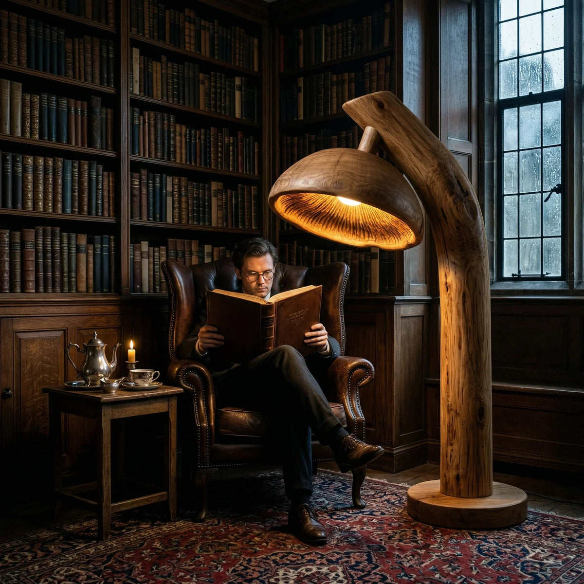 Pilzinspirierte Stehlampe mit leuchtendem Lamellendetail, Massivholzstiel und wuchtigem Fuß