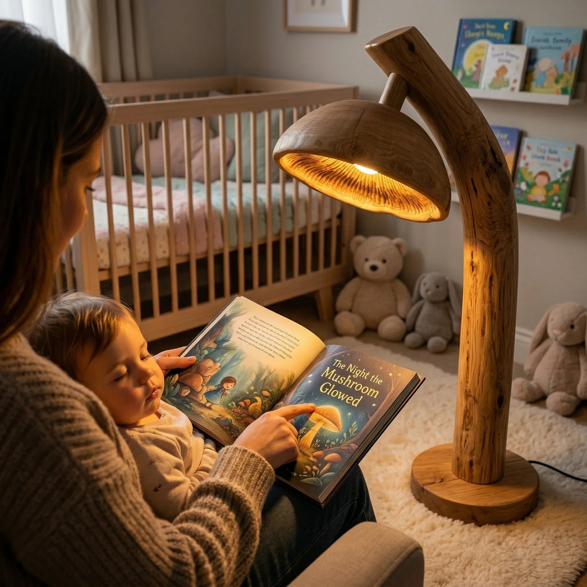 Pilz-Stehlampe aus Naturholz mit leuchtendem Lamellendetail neben dem Kinderbett in einem gemütlichen Babyzimmer